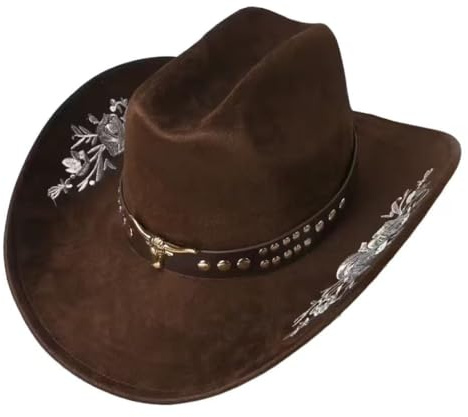 CutitiUU Embroidered Suede Western Cowboy Hat Panama Hats Cowboy & Cowgirl Hats Felt Wide Brim Cowboy Hat with Embroidered Flowers for Women Men,Fashionable and Stylish (Brown)