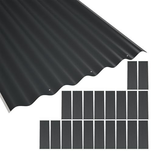 Thanaddo Wellplatten Metall Blech, 20er Set Wellplatte Dach Platten Stahlblechdachplatten mit Schrauben, wetterfest UV beständig Welldach, 52 x 108 cm - 20 Stk.（Schwarz)