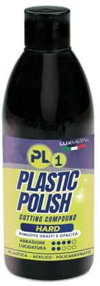 Lux Metal PL1 Plastic Polish Hard 250 gr, pasta abrasiva abrillantadora para plástico acrílico policarbonato, reduce arañazos, opacidad, amarilleamiento y marcas de desgaste