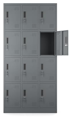 Muralo Schließfachschrank mit 12 Fächern, Metall, Abschließbar - Anthrazit | Umkleideschrank 185x90x40 cm, Sicherheitszylinderschloss, Lüftungsschlitze, Etikettenhalterung - für Schule, Fitnessstudio