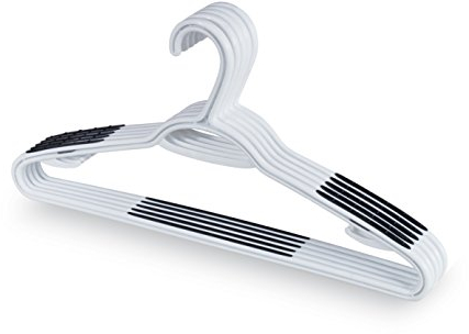 Appendiabiti in Plastica con Inserti in Gomma Antiscivolo - Grucce Salvaspazio con Barra per Pantaloni, Gancetti Laterali - Forma Ergonomica - 5 Grucce Bianche, 42 cm - Domopak Living