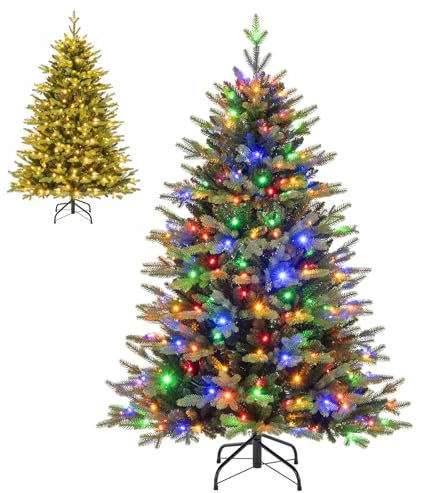 COSTWAY 5FT/6FT Pre-Lit Artificial Christmas Tree, Hinged Xmas Tree with 250/350 Warm-White & Multi-Color LED Lights, 11 Lighting Modes, Branch Tips, Indoor Festive Holiday Office Home Decor(5FT）