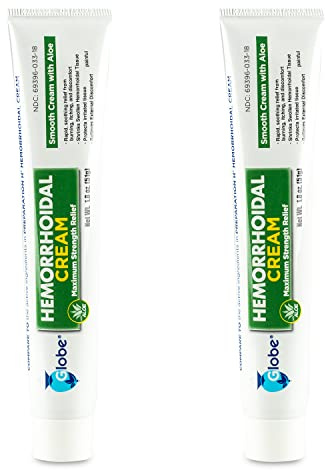 Globe Hemorrhoidal Cream (2 Pack) 1.8 oz w/Applicator Phenylephrine, Pramoxine with Aloe, Relief from Burning, Itching and Discomfort of Hemorrhoids.
