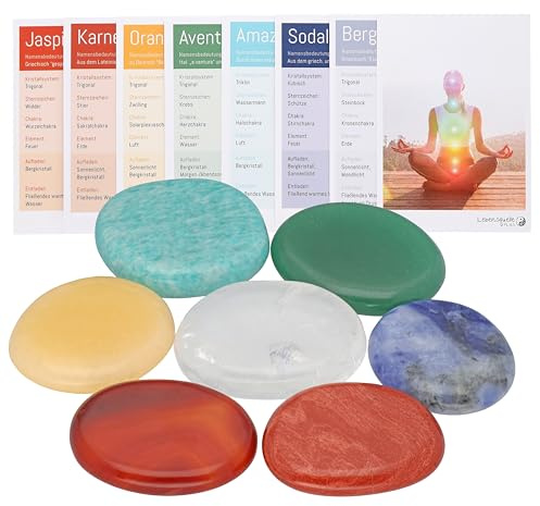 Chakra Steine Set 7 Scheibensteine echte Edelsteine im Baumwollbeutel | 7 Scheibensteine für die 7 Chakren | 100 % echte Edelsteine | Inkl. Baumwollbeutel