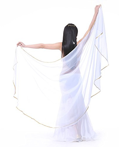 SHOWYOU 98.43 x 47.24 Lightweight Semicircle Chiffon Veil Belly Dance Scarf Blue Veil Scarf Shawls Trimed Gold Sequence (WHITE)