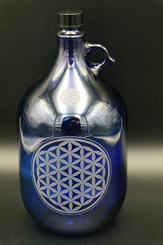 Bouteille en verre bleu avec gravure fleur de vie (V.2) - 5 l