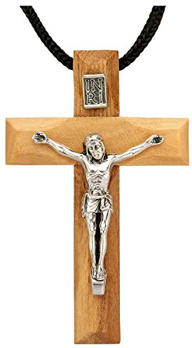 MaMeMi KREUZ-KETTE mit KRUZIFIX aus OLIVENHOLZ und EDELSTAHL [Anhänger ca. 5 x 3 cm] inkl. Stoffband – Handarbeit aus BETHLEHEM und dem HEILIGEN LAND