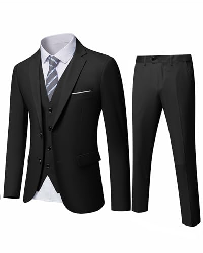 YND Men's 3 Piece Suit Set with Tie, 2 Button Slim Fit Solid Blazer Jacket Vest Pants, Business Wedding Party Suits for Men, Black