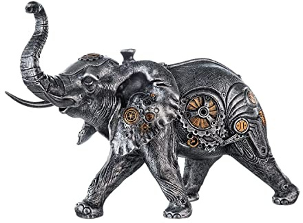 Brillibrum Design Figur Steampunk Deko Elefant aus Polyresin Skulptur Silber Zahnrad Dekoration Industrial Steam Punk Kunst Figur (Elefant/Variante 13)