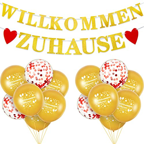 Willkommen Zuhause Deko Willkommen Zuhause Banner Girlande Set mit 14 Stück Luftballons und Rotem Band für Hochzeit Festival Familie Einweihung Party Dekoration Geburtstag (Gold, Rot)