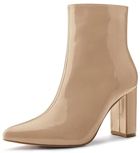 Allegra K Women's Pointed Toe Zip Chunky Heels Nude Ankle Boots 9 M US