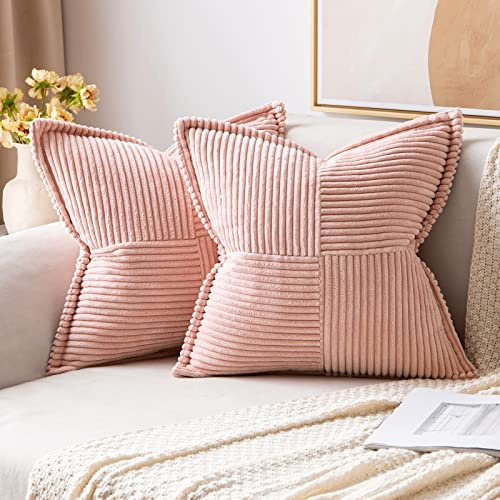 MIULEE 2er Set Kissenbezug 40×40cm Kordsamt Biese Patchwork Rosa | Mit Biese und Patchwork Design formstabil farbtreu mit Reißverschluss dekorativ für Sofa Bett Gästezimmer Büro und Terrasse