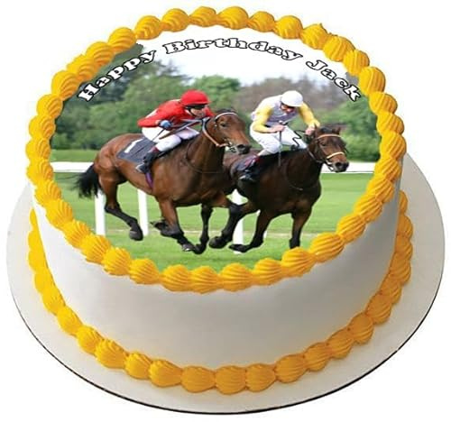 RACE HORSE RACING Premium Quality Edible Large 7.5 Inch Round Icing Cake Topper - Text can be Customizable - Make your Celebrations Memorable with Our Delightful Charming Cake Toppers D5