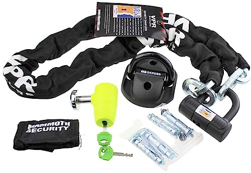 OXFORD TASK FORCE SOLD SECURE GOLD MOTORCYCLE Ground Anchor with Warlock Motorbike Protection Security Chain ~ 16mm MAMMOTH MDX-12 Disc Lock Heavy Duty Security Bundle (1.8m)