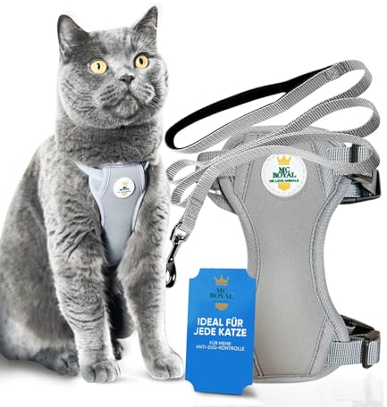 MC-Royal® Premium Katzengeschirr mit leine ausbruchsicher, größenverstellbar, Katzenleine mit Geschirr, Cat Harness, Geschirr Set, Grau (XXS)