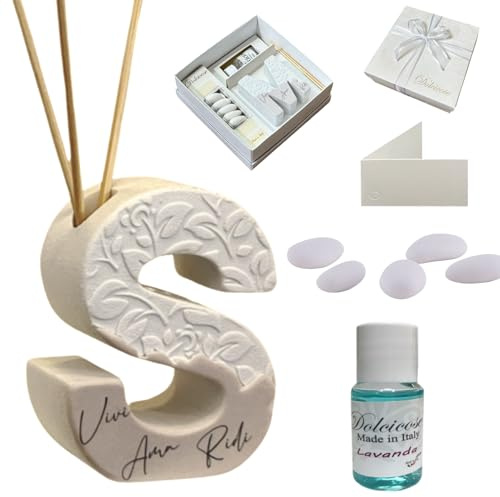 Regalami.Shop bomboniera profumatore in Marmo di Carrara Completo di Scatola, Confetti, Essenza, Nastro e bigliettino (Lettera s)