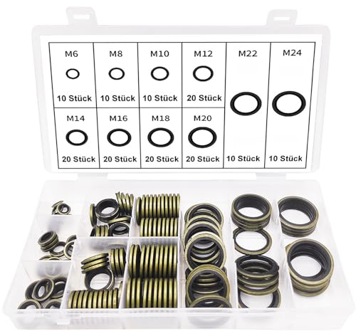 Gearmax 150 Pezzi Rondella Piatta con Labbro in Gomma, 10 Misure Piatte Guarnizione O-Ring Kit Assortito per Rondelle Piatte in Rame Guarnizioni Idrauliche per Riparazione Auto