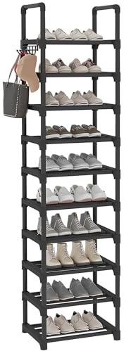 Lxvckly Schuhregal, 10-stufiger Schuh-und Stiefel-Organizer aus Metall, 20 Paar hohes vertikaler Schuh-Organizer mit Haken für Eingangsbereich Schrank Flur Schwarz