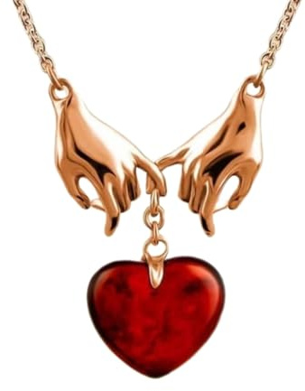 Collier en forme de cœur en argent sterling 925 plaqué or rose avec cœur d'ambre dans vos mains, pendentif en forme de cœur d'ambre avec chaîne, cadeau pour partenaire, cadeau de Saint-Valentin, 45+,