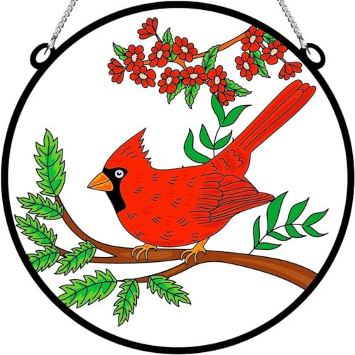 Finyoffiy Buntglas Sonnenfänger,Kolibri Buntglas Rote Vögel Hängedekoration Acryl -Sonnenfänger Fensterbehang für den Innenhof Kreative Fenster Türen Dekor (A)
