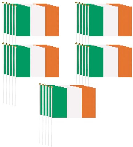 15 banderas de mano irlandesas, banderines irlandeses, banderines pequeños en palos, banderas de mano con emblema nacional, decoraciones de fiesta irlandesas (14 x 21 cm)