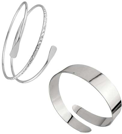 Hebterrka 2 Stück Oberarmreif Silber Metall Spirale Manschette Armband für Frauen Unregelmäßige Welle Großer Statement Armreif Schmuck für Partys