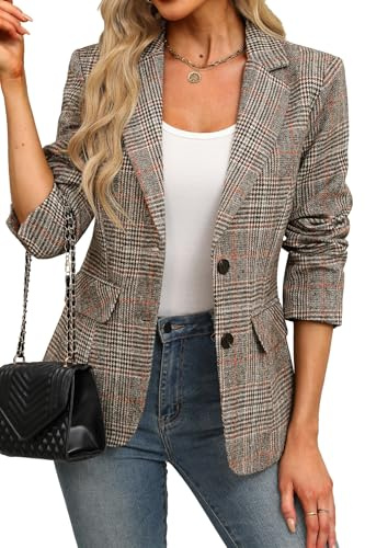 ELLEVEN Womens Casual Plaid Blazer Lapel Collar Double Button Long Sleeve Boyfriend Blazer Suit Houndstooth Plaid Blazer Jacket Business Work Office Blazer Suits Brown Plaid X-Large
