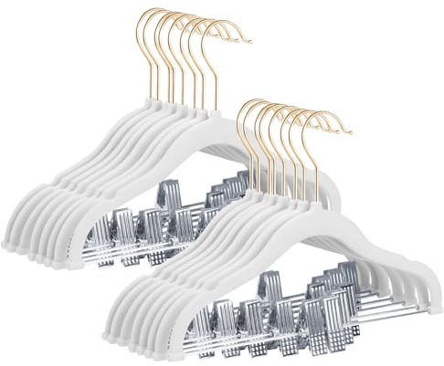 Stormix Baby Kleiderbügel, 24er-Pack Hosenbügel mit Clips, 30 cm rutschfeste Kleiderbügel, Robuste Kinder Kleiderbügel für Hemden, Hosen, Röcke, Kleider, Jacken, Mäntel Weiß (Goldhaken)