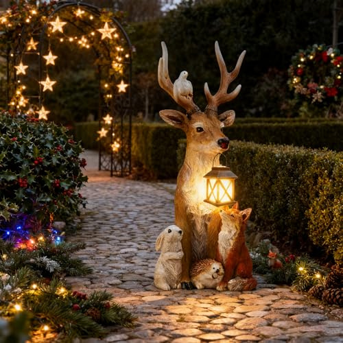 YeahBoom Weihnachtsdeko Hirsch Mit LED Laterne,Weihnachtsdeko Aussen Figuren,Gartenfigur REH,Gartendeko Figuren Elch,Gartenfiguren aus Kunstharz,Weihnachtsdeko Aussen,Gartenfiguren für Außen