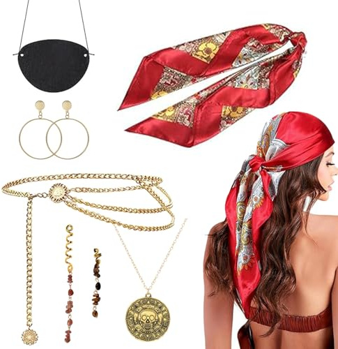 XINDY Piratenkostüm Damen, Piraten Accessoires Damen, Piraten Kopftuch Haarschmuck Pirat Augenklappe Taillenkette Piraten Kette Ohrringe für Piraten Kostüm Frauen, Hallowee Karneval Fasching Kostüm