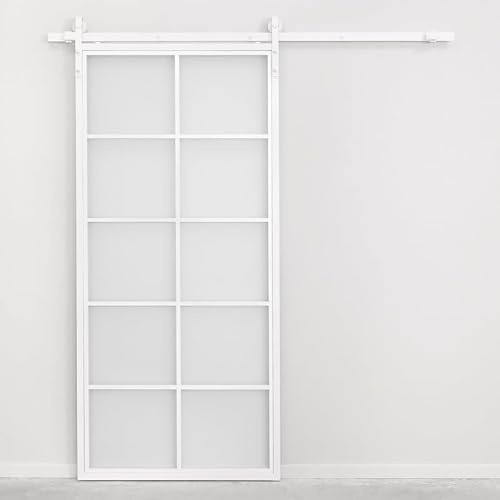 SEART Weiß Loft-Glasschiebetür, Tür mit Sprossen, Metallrahmen, montiert Tivoli (Milchglas, 90x210)