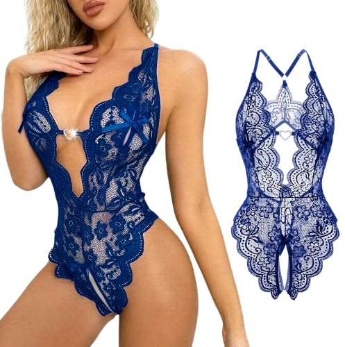 Women's Lace Bodysuit Sexy Lingerie One Piece Teddy Underwear Halter Deep V Chemise Naughty Hollow-out Slim Bodycon Mesh Stretch Jumpsuit Leotard Sleepwear Backless Negligee for Valentine's Day