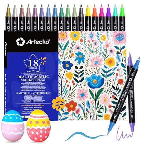 Artecho Acrylstifte 18 Farben(12 Metallic + 6 fluoreszierende), 0.5-5mm Wasserfester Dual Tip Marker (Pinsel und feine Spitze), mit doppelten Enden für Rock Painting, Glas, Papier