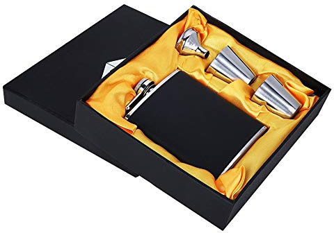 Coffret flasque, flasque en acier inoxydable, entonnoir en cuir noir avec deux tasses à vin pour d'anniversaire (7 oz peuvent)