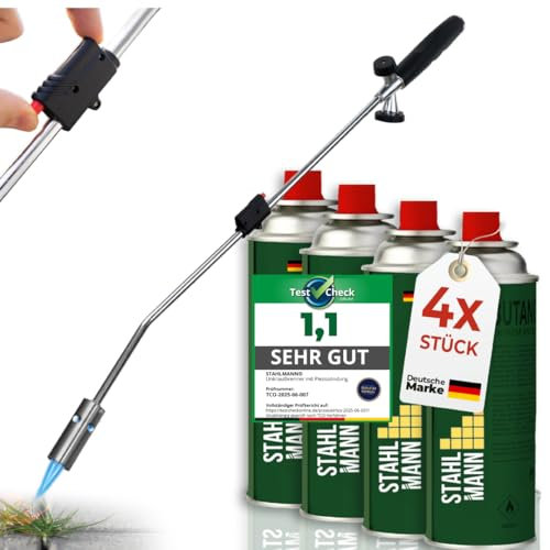 STAHLMANN®Unkrautvernichter inkl. Gaskartuschen - stabiler Unkrautbrenner mit Piezozündung stufenlos regulierbar – Unkrautentferner Gerät mit ergonomischen Griff (4 Kartuschen)
