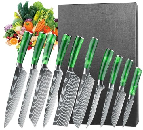 MDHANDD 10 Pièces Set Couteau Cuisine Super Aiguisé, Couteaux de Cuisine Professionnel Set en Acier Inoxydable à Haute Teneur en Carbone, Couteaux de Cuisine avec Ergonomique verte résine Poigné