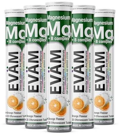EVÄM Magnesium 300 mg + Vitamin B Komplex Brausetabletten | B1 B2 B6 B12 | Für Muskeln, Energie & Nerven | Orange Geschmack | Vegan | Made in Germany | 5 x 20 Tabletten