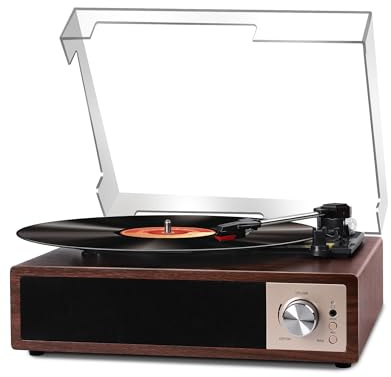 VOKSUN Bluetooth Vinyl Record Player - 3-Speed Belt-Driven, Built-in Speakers, USB Recording, RCA/Aux, Retro Wooden Phonograph (7/10/12 Records), Walnut Red