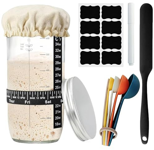 kit pain au levain, 1000ml Pot de fermentation, ensemble complet de 9 pièces avec thermomètre, spatule, pot de fermentation spécial et accessoires pour la pâtisserie, pour un pain au levain parfait et