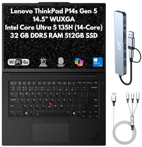 Lenovo ThinkPad P14s Gen 5 Mobile Workstation, 14.5 WUXGA (1920x1200), Intel 14-Core Ultra 5 135H (Beats i7-13700H), 32GB DDR5 RAM, 512GB SSD Gen4, FPReader, RJ45, Wi-Fi 6E, IR Cam, Windows 11 Pro