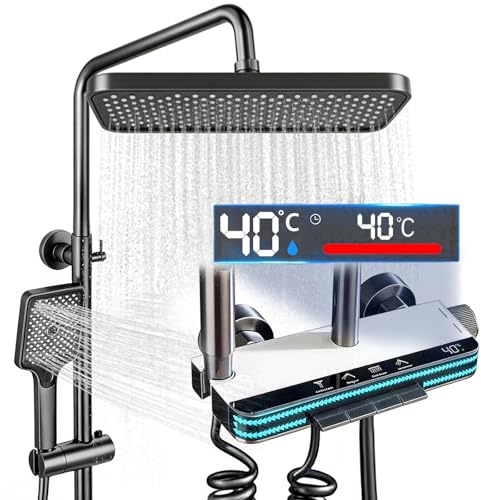 TEKXDD Columna Ducha Termostatica con Pantalla Digital LED, 4 Modos Ducha de Mano Duchas de Baño Columna- Cabezal Cuadrado, Rociador auxiliar y Grifo Cascada y Altura Ajustable Duchas de Baño
