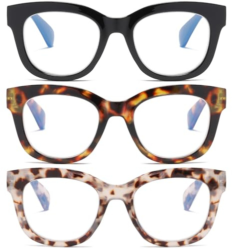 ZXYOO Occhiali da Lettura Donna–Set di 3 Montature Oversize Fashion con Cerniere a Molla e Lenti Anti-Luce Blu Non Riflettenti–Stile Elegante per Uso Quotidiano, Ufficio o Tempo Libero+3.00