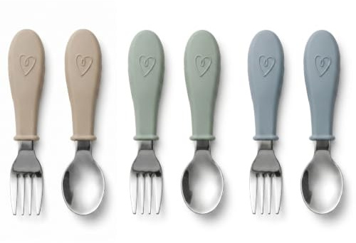 Broemba Posate per Bambini Inox 6 pzas Cucchiaio Forchetta Beige Verde/Blu | Posate per bambini con 3 cucchiai e 3 forchette. Acciaio inossidabile. Dai 6 mesi. Lavabile in lavastoviglie.