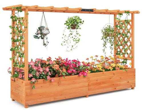 RELAX4LIFE Fioriera da Esterno con Traliccio Superiore e 2 Griglie Laterali, Orto Rialzato da Giardino in Legno di Abete con Drenaggio per Piante Rampicanti, Frutti e Fiori (Arancione, 200x44x114cm)