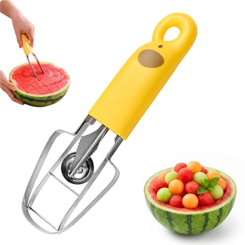 Wassermelonengabel Schneidewerkzeug 4-in-1 Obstschneider aus Edelstahl Doppelkopf-Schneidemesser mit Rundem Griff für Wassermelonen und Früchte im Sommer (1 Pcs)