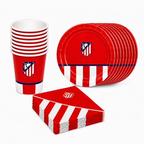 Decoracion Cumpleaños Infantil Atletico de Madrid para 8 Personas – Pack Fiesta Oficial Atleti, Decoracion Futbol para Fiestas Infantiles, Cumpleaños y Eventos (P+V+SER ROJO)