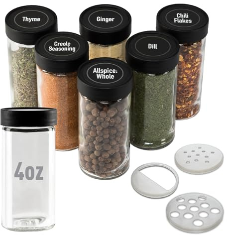 Piment 4 Unze Glas-Gewürzdosen (gleiche Größe wie penzeys und Spice House) mit Schwarz Kunststoff Deckel und 3 Frisuren Shaker Tops farblos