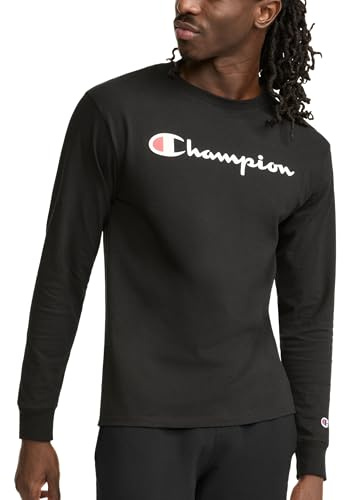 Champion Herren Klassisches Langarm, Standard-Passform, Script & C-Logo, Erhältlich in Regular und Big & Tall T-Shirt, schwarz/schwarz, Mittel