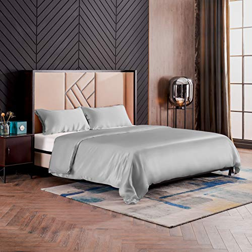 THXSILK Seidenbettwäsche Set 3 teilig, Bettbezug 200 x 200 cm und 2 Kissenbezüge 40 x 80 cm, Hypoallergen 19 Momme Maulbeerseide Bettwäsche, Ultra Weich und Glatt, Grau