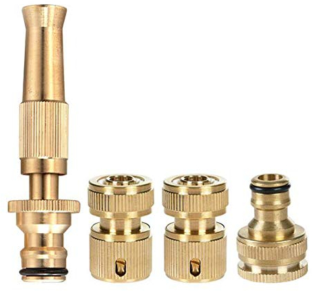Set di Raccordi per Tubo da Giardino, 4 Pezzi in Ottone Massiccio, Include Connettore Filettato Femmina da 3/4 e 1/2, Ugello a Spruzzo Regolabile, Estremità del Tubo Connettore a Sgancio Rapido